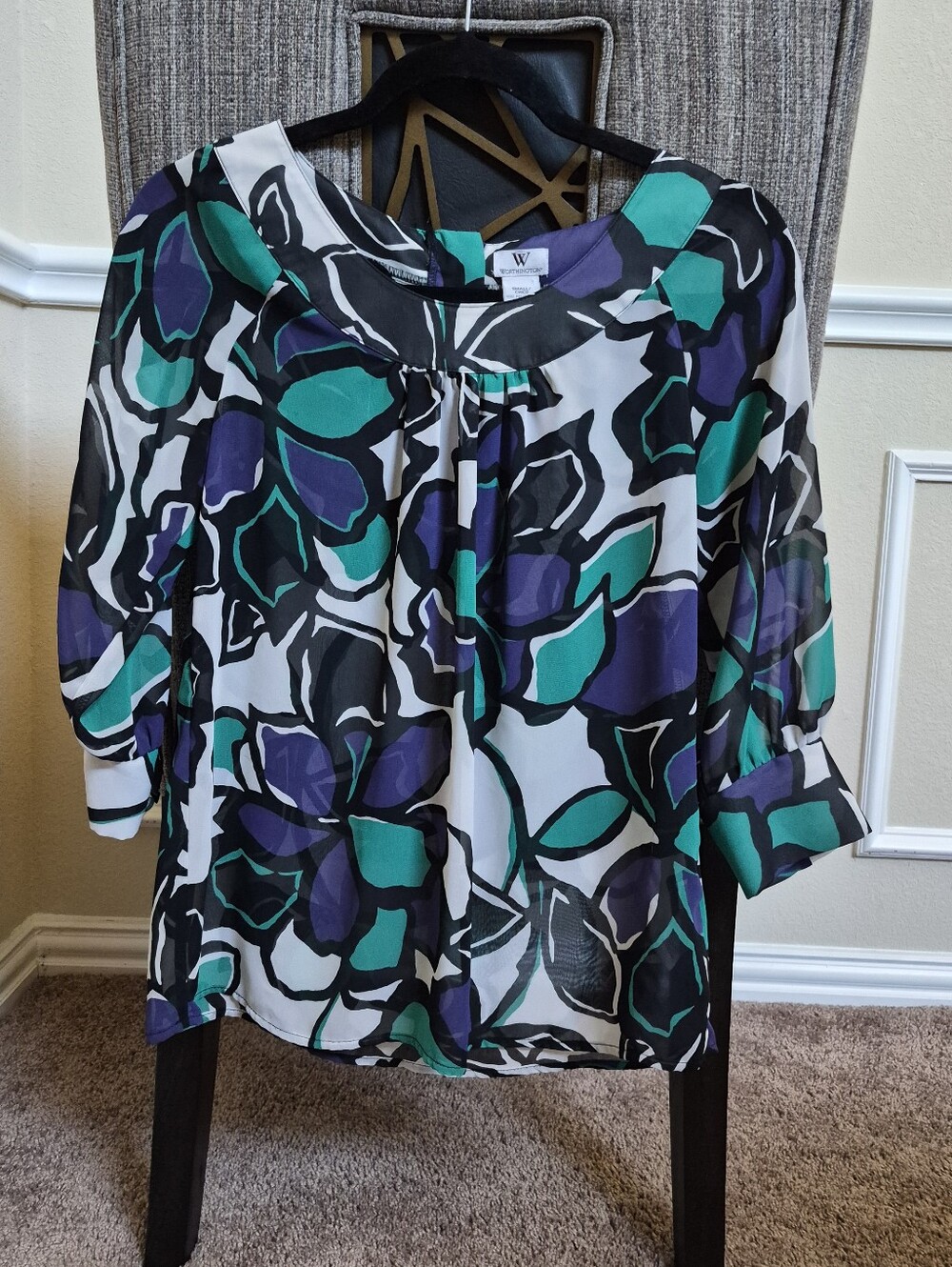 W by Worth Teal, Purple & Black Floral Scoop-Neck Blouse